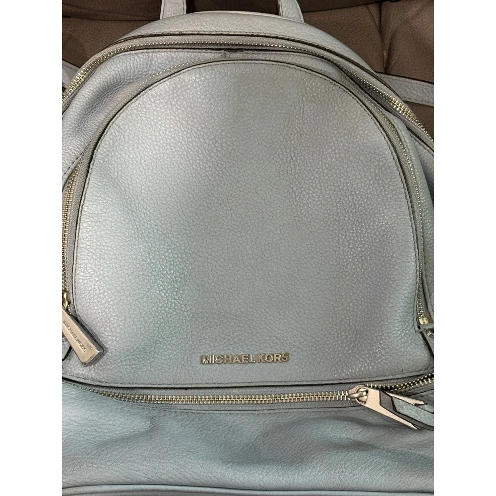 Michael Kors Pale Blue Leather Backpack Double Zip Front‎ Pocket